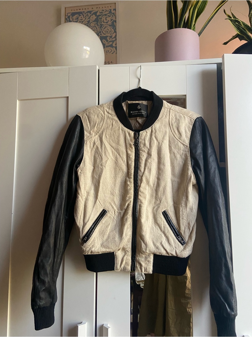 Scotch & Soda Leather Bomber Jacket - Black & Cream
